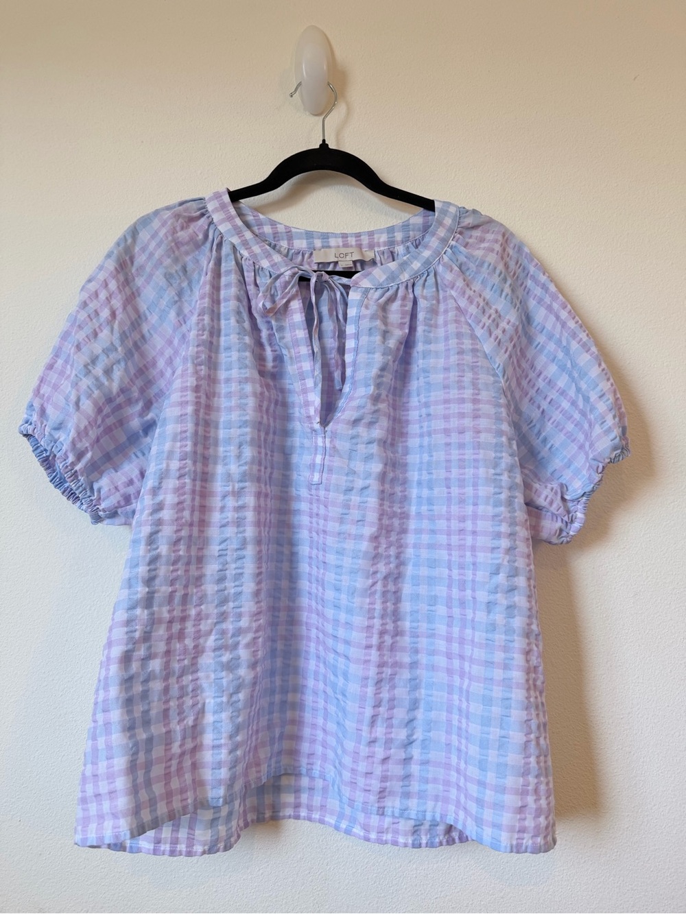 LOFT Lavender and Light Blue Gingham Tie-Neck Peasant Blouse
